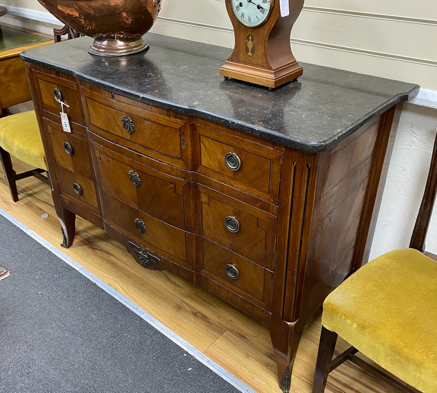 A 19th century French kingwood marble top commode, width 124cm, depth 50cm, height 89cm